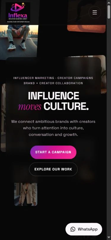 Inflexa mobile homepage with collapsed navigation and stacked campaign buttons