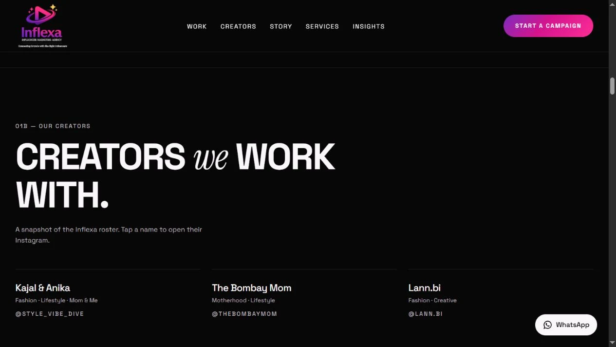 Inflexa named creator roster linking to Instagram profiles